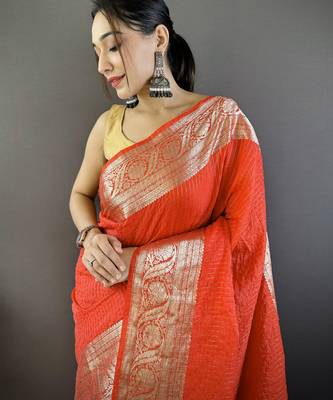 Red nylon viscose zari woven saree with unstitched blouse piece 2