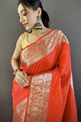 Red nylon viscose zari woven saree with unstitched blouse piece