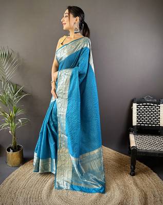 Teal nylon viscose zari woven saree with unstitched blouse piece 3