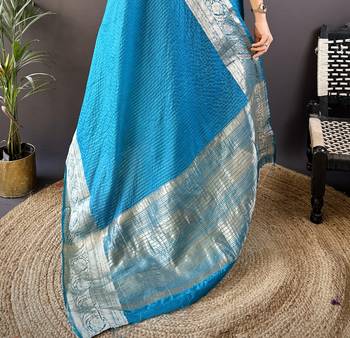 Teal nylon viscose zari woven saree with unstitched blouse piece 5