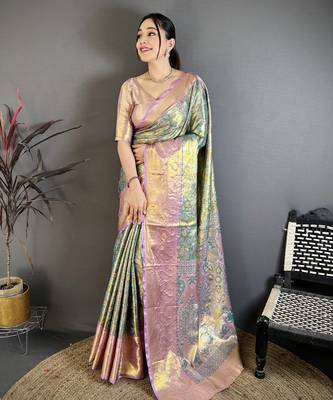 Green tissue zari woven saree with unstitched blouse piece 1