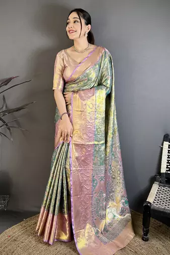 Green tissue zari woven saree with unstitched blouse piece