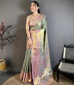 Green tissue zari woven saree with unstitched blouse piece