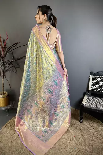 Green tissue zari woven saree with unstitched blouse piece