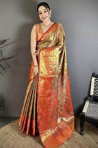 Olive tissue zari woven saree with unstitched blouse piece