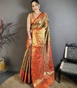 Olive tissue zari woven saree with unstitched blouse piece