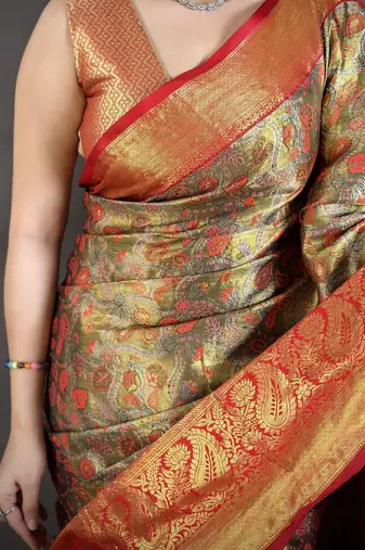 Olive tissue zari woven saree with unstitched blouse piece