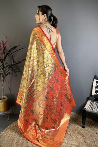 Olive tissue zari woven saree with unstitched blouse piece