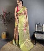 Rust tissue zari woven saree with unstitched blouse piece