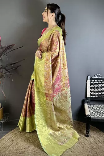 Rust tissue zari woven saree with unstitched blouse piece