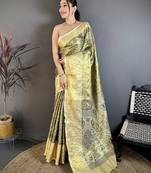 Olive tissue zari woven saree with unstitched blouse piece