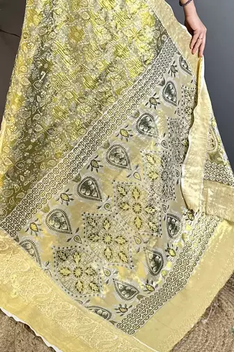 Olive tissue zari woven saree with unstitched blouse piece