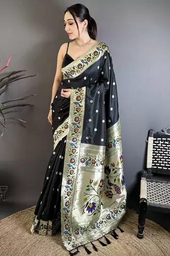 Black silk blend zari woven paithani saree with unstitched blouse piece