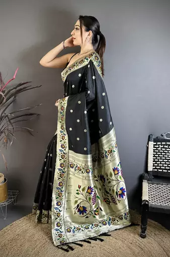 Black silk blend zari woven paithani saree with unstitched blouse piece