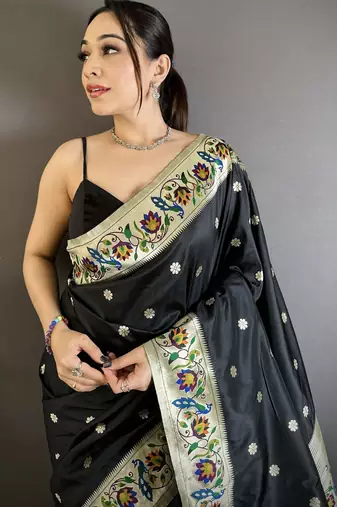 Black silk blend zari woven paithani saree with unstitched blouse piece