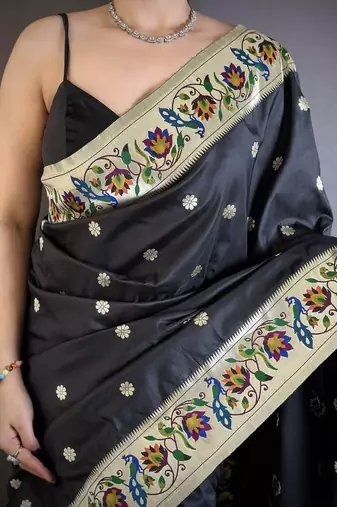 Black silk blend zari woven paithani saree with unstitched blouse piece