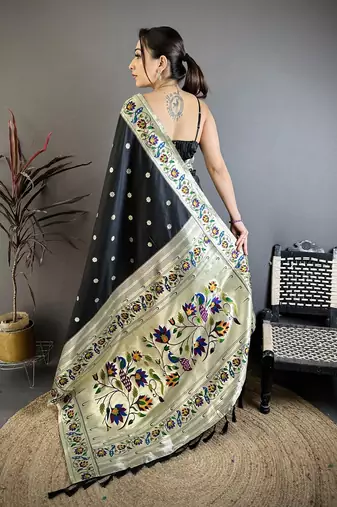 Black silk blend zari woven paithani saree with unstitched blouse piece