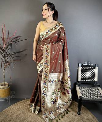 Brown silk blend zari woven paithani saree with unstitched blouse piece 1