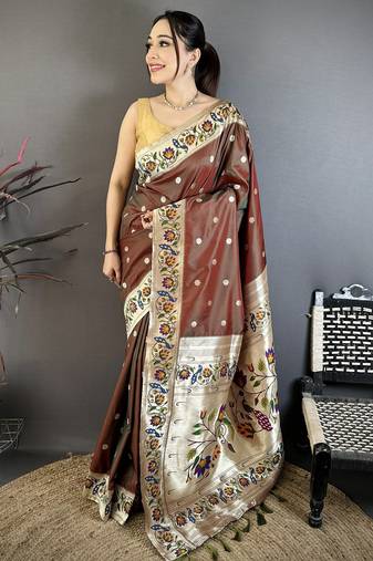Brown silk zari woven paithani saree with unstitched blouse piece