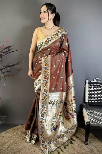 Brown silk blend zari woven paithani saree with unstitched blouse piece