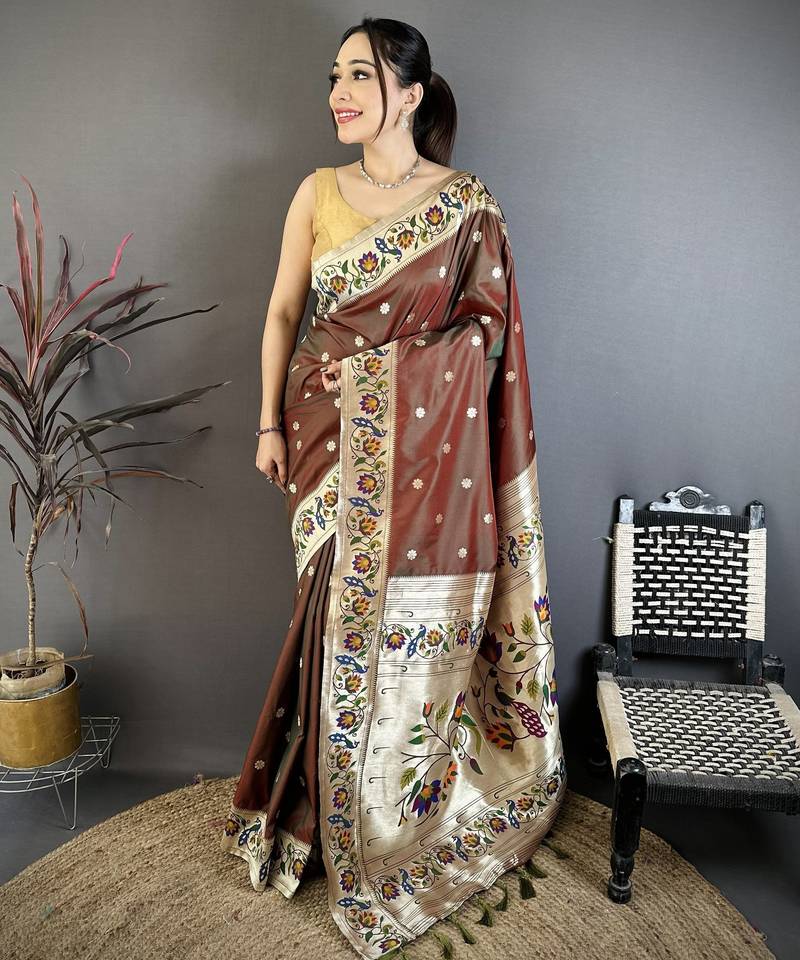 Brown silk zari woven paithani saree with unstitched blouse piece