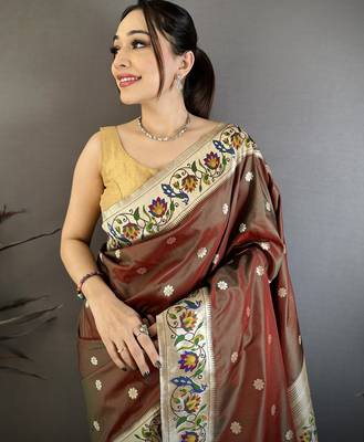 Brown silk blend zari woven paithani saree with unstitched blouse piece 3