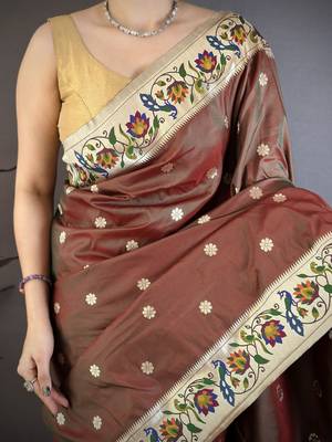 Brown silk blend zari woven paithani saree with unstitched blouse piece 4
