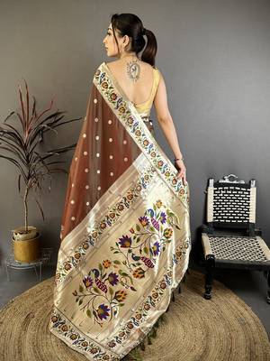 Brown silk blend zari woven paithani saree with unstitched blouse piece 5