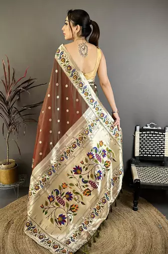 Brown silk blend zari woven paithani saree with unstitched blouse piece