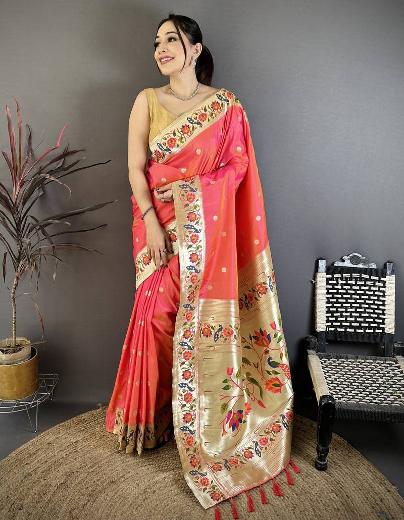 Pink silk zari woven paithani saree with unstitched blouse piece