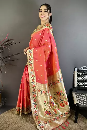 Pink silk blend zari woven paithani saree with unstitched blouse piece