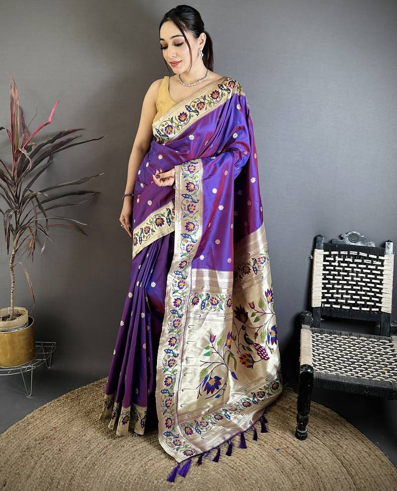 Purple silk zari woven paithani saree with unstitched blouse piece