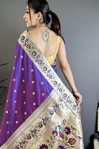 Purple silk blend zari woven paithani saree with unstitched blouse piece
