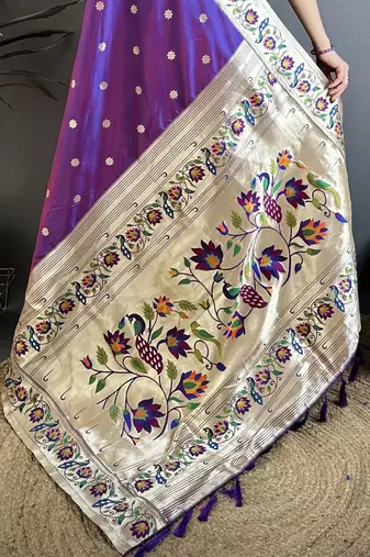 Purple silk blend zari woven paithani saree with unstitched blouse piece