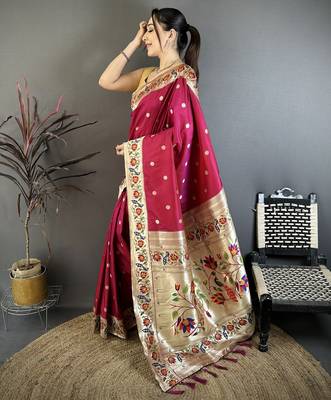 Rani silk blend zari woven paithani saree with unstitched blouse piece 2