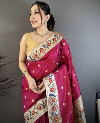 Rani silk blend zari woven paithani saree with unstitched blouse piece 3