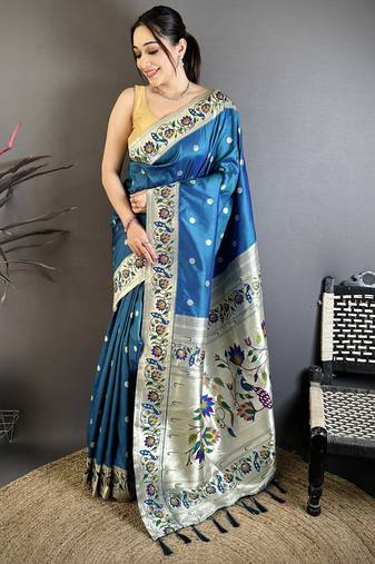 Teal silk zari woven paithani saree with unstitched blouse piece