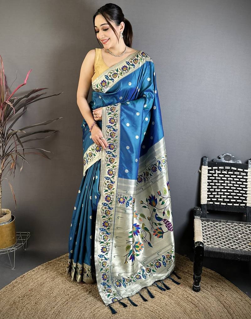 Teal silk zari woven paithani saree with unstitched blouse piece