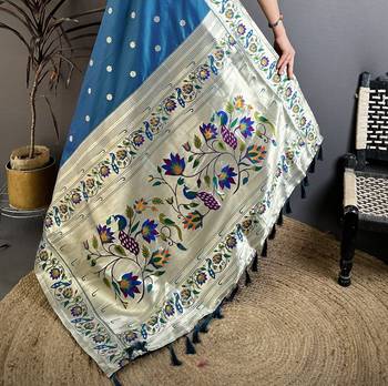 Teal silk blend zari woven paithani saree with unstitched blouse piece 5