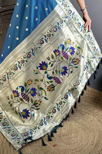 Teal silk blend zari woven paithani saree with unstitched blouse piece