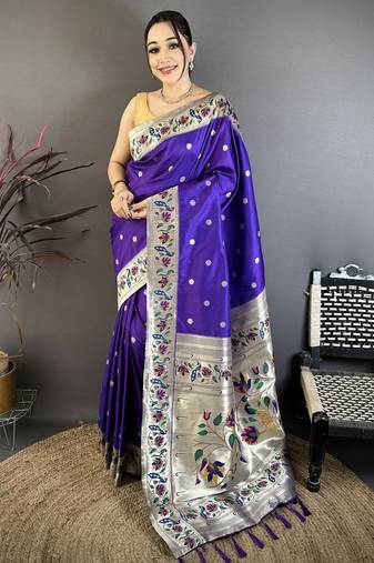 Violet silk zari woven paithani saree with unstitched blouse piece