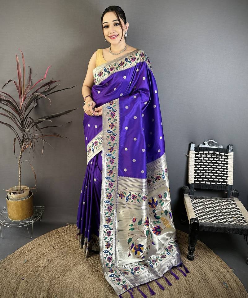 Violet silk zari woven paithani saree with unstitched blouse piece