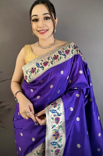 Violet silk zari woven paithani saree with unstitched blouse piece