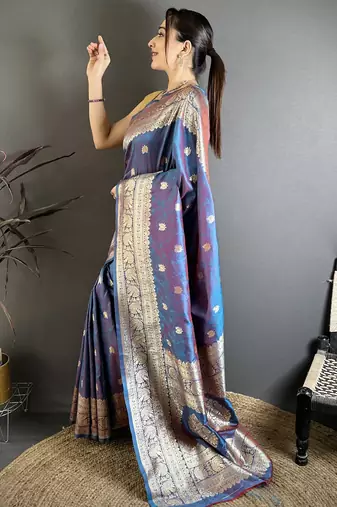 Blue soft silk blend zari banarasi saree with unstitched blouse piece