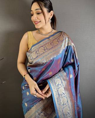 Blue soft silk blend zari banarasi saree with unstitched blouse piece 3