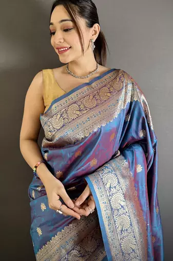 Blue soft silk blend zari banarasi saree with unstitched blouse piece
