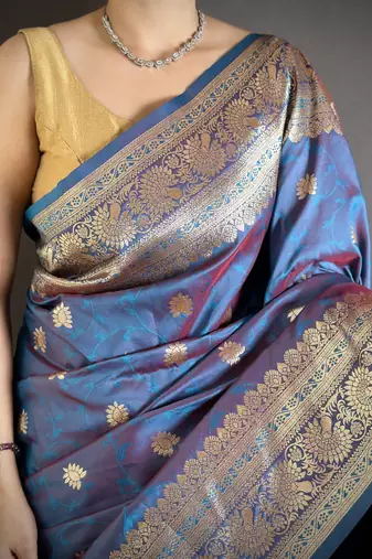 Blue soft silk blend zari banarasi saree with unstitched blouse piece