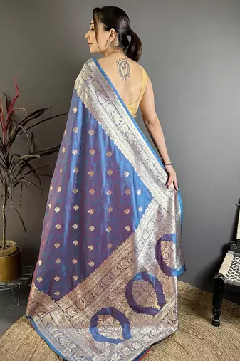 Blue soft silk blend zari banarasi saree with unstitched blouse piece