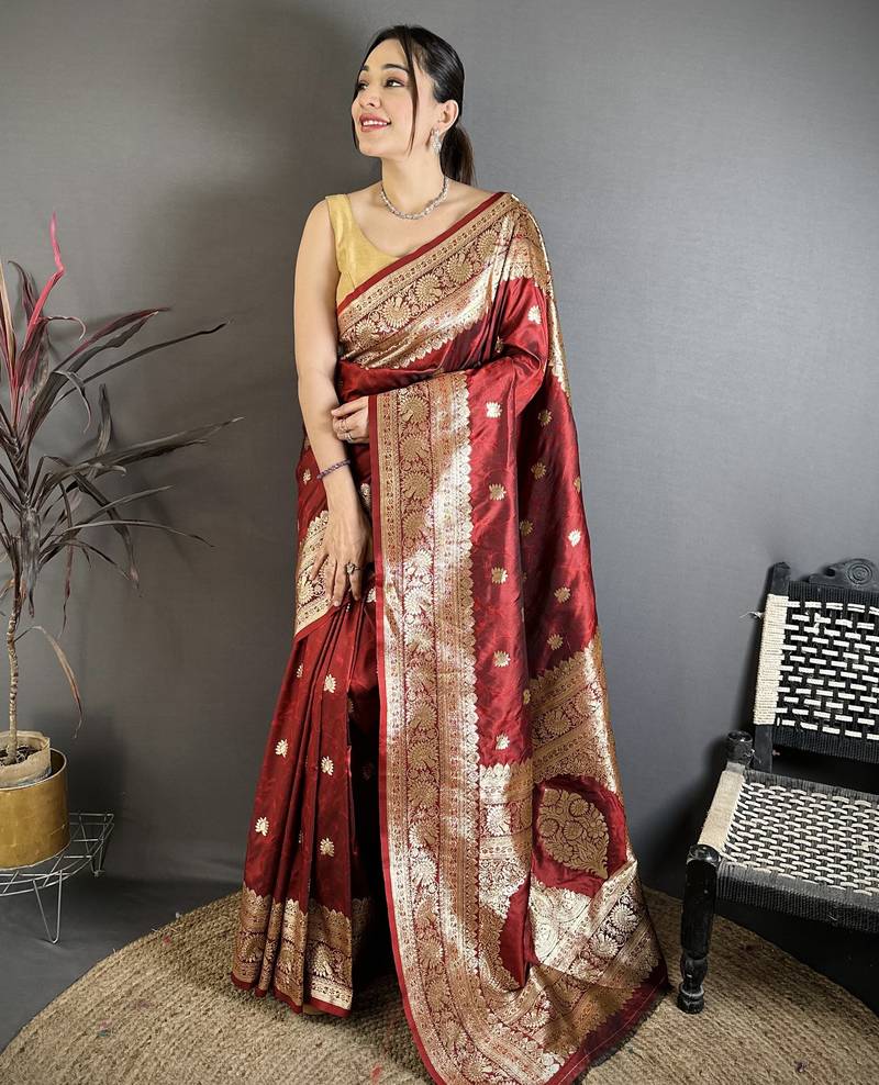 Maroon soft silk zari banarasi saree with unstitched blouse piece