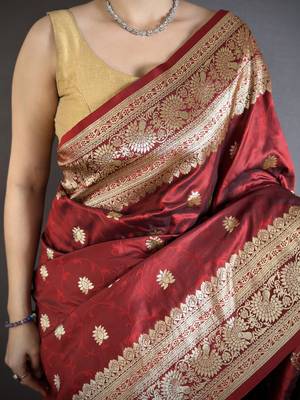 Maroon soft silk blend zari banarasi saree with unstitched blouse piece 4